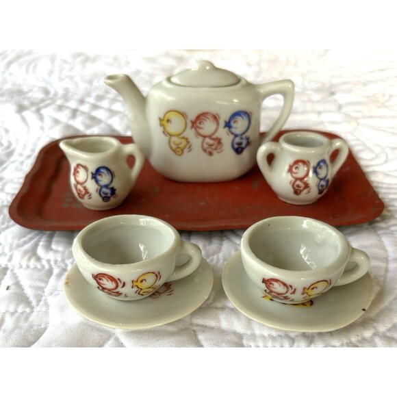VNTG 9 Piece Children’s Tea Set-1950s-W/Metal Tray-Duck-Made Japan-Hand Painted - Picture 8 of 11